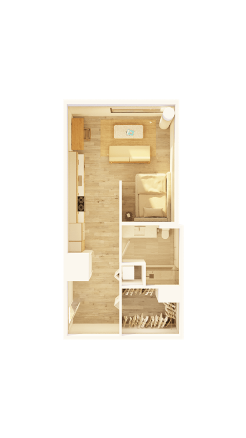 Floor plan for 1 bed, 1 bath, 584 sqft